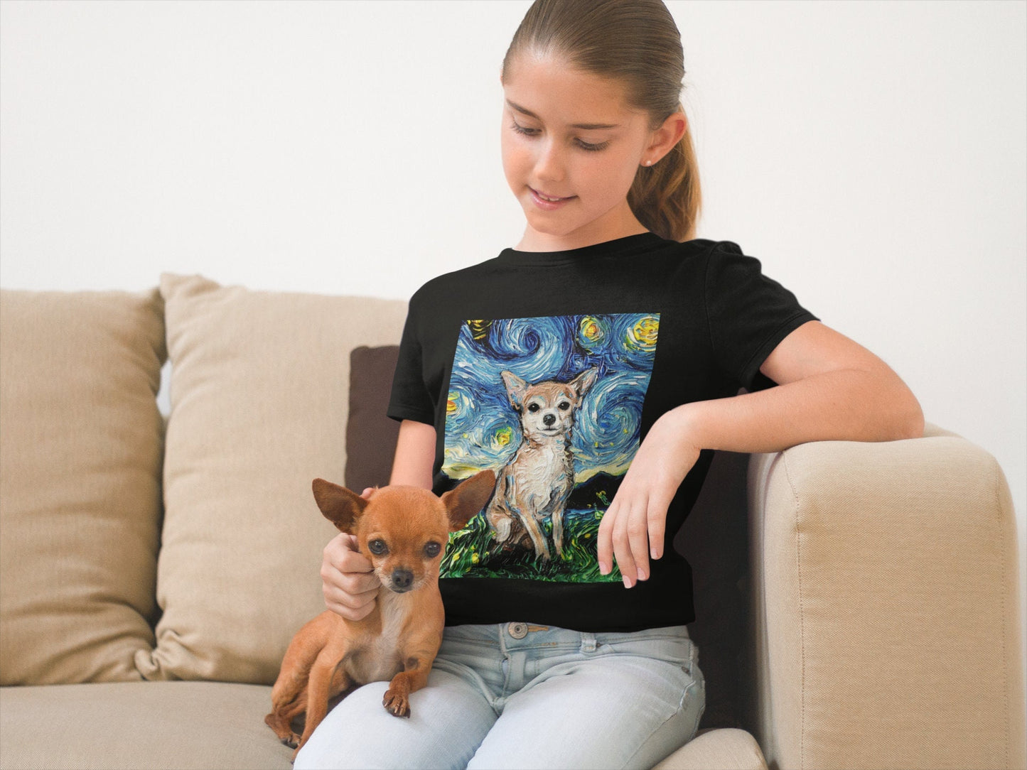 Kids Short Sleeve Shirt Chihuahua Youth Tee Starry Night Childs TShirt Dog Art Clothing Colorful Pet Children's Apparel Dog Lover Gift