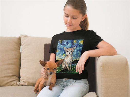Kids Short Sleeve Shirt Chihuahua Youth Tee Starry Night Childs TShirt Dog Art Clothing Colorful Pet Children's Apparel Dog Lover Gift
