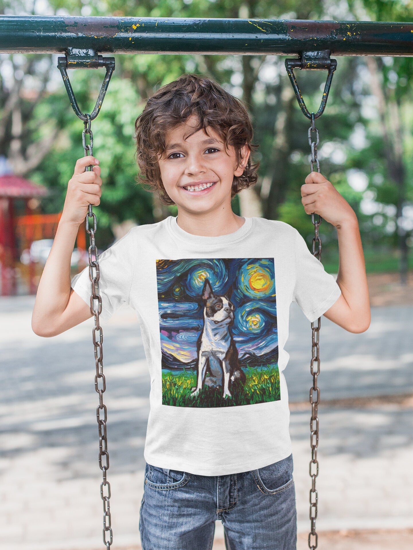 Kids Short Sleeve Shirt Boston Terrier Youth Tee Starry Night Childs TShirt Dog Art Clothing Colorful Pet Children's Apparel Dog Lover Gift