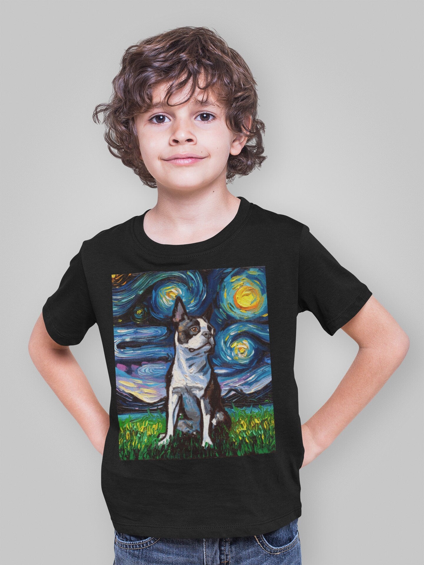 Kids Short Sleeve Shirt Boston Terrier Youth Tee Starry Night Childs TShirt Dog Art Clothing Colorful Pet Children's Apparel Dog Lover Gift