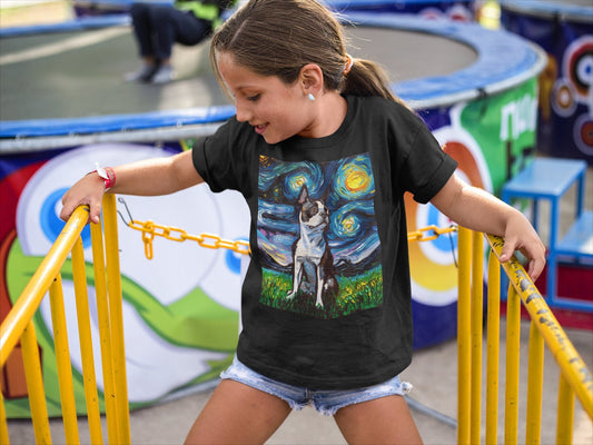 Kids Short Sleeve Shirt Boston Terrier Youth Tee Starry Night Childs TShirt Dog Art Clothing Colorful Pet Children's Apparel Dog Lover Gift