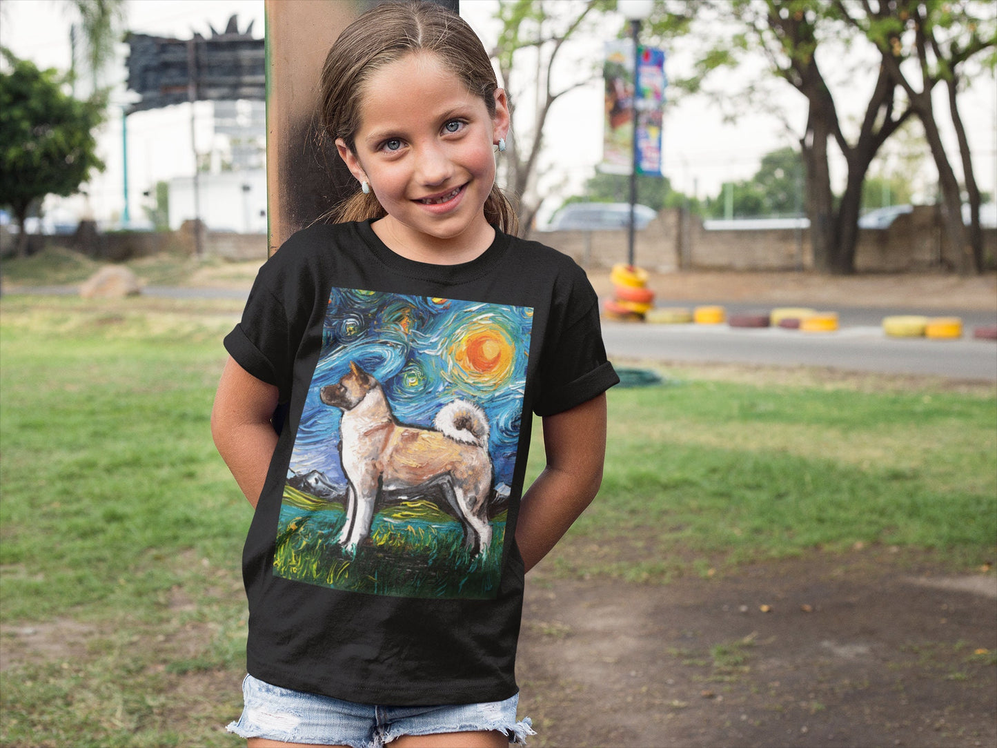 Children's Short Sleeve Shirt Akita Inu Childs TShirt Starry Night Youth Tee Dog Art Clothing Colorful Pet Kids Apparel Dog Lover Gift