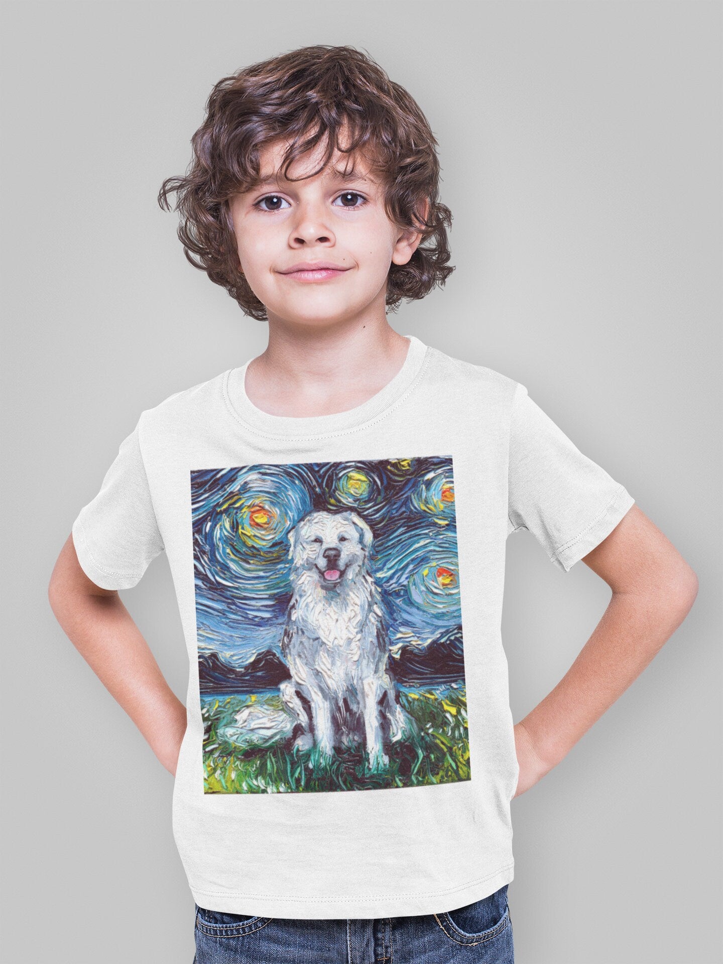 Kids Short Sleeve Shirt Great Pyrenees Youth Tee Starry Night Childs TShirt Dog Art Clothing Colorful Pet Children's Apparel Dog Lover Gift