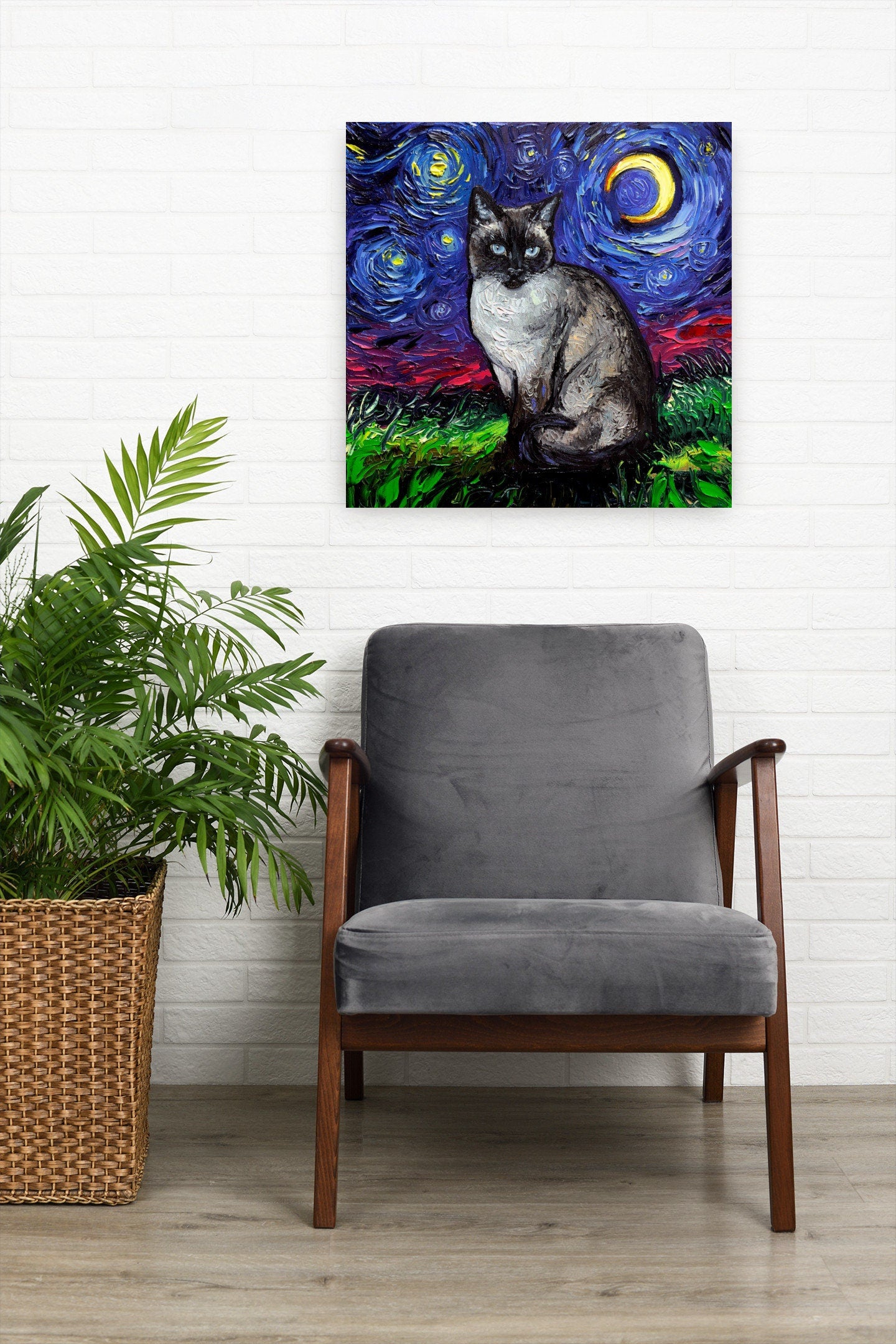 Cat Starry Night Painting Canvas Print Siamese Cat Lover Gift Starry Cat Print Gallery Wall Art Impressionist Cat Mom Feline Home Decor