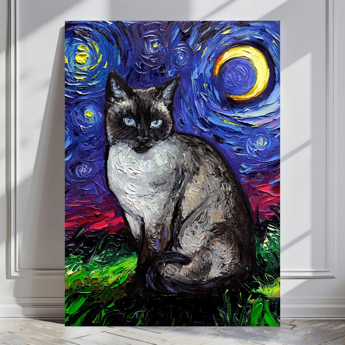 Cat Starry Night Painting Canvas Print Siamese Cat Lover Gift Starry Cat Print Gallery Wall Art Impressionist Cat Mom Feline Home Decor