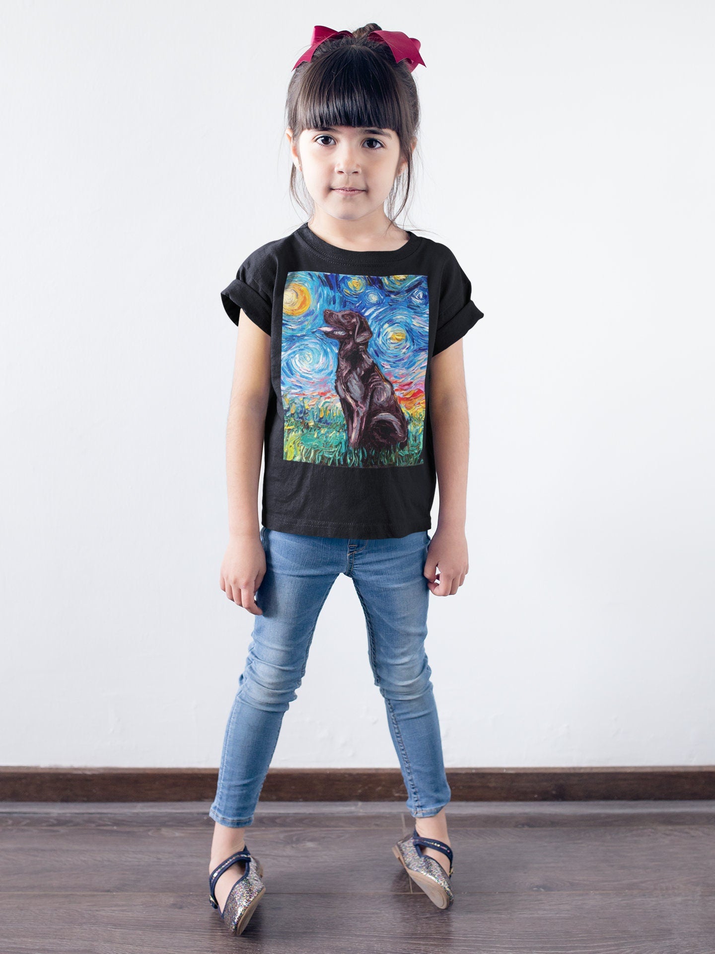 Kids Short Sleeve Shirt Chocolate Labrador Youth Tee Starry Night Childs TShirt Dog Art Clothing Colorful Pet Children's Apparel Brown Lab