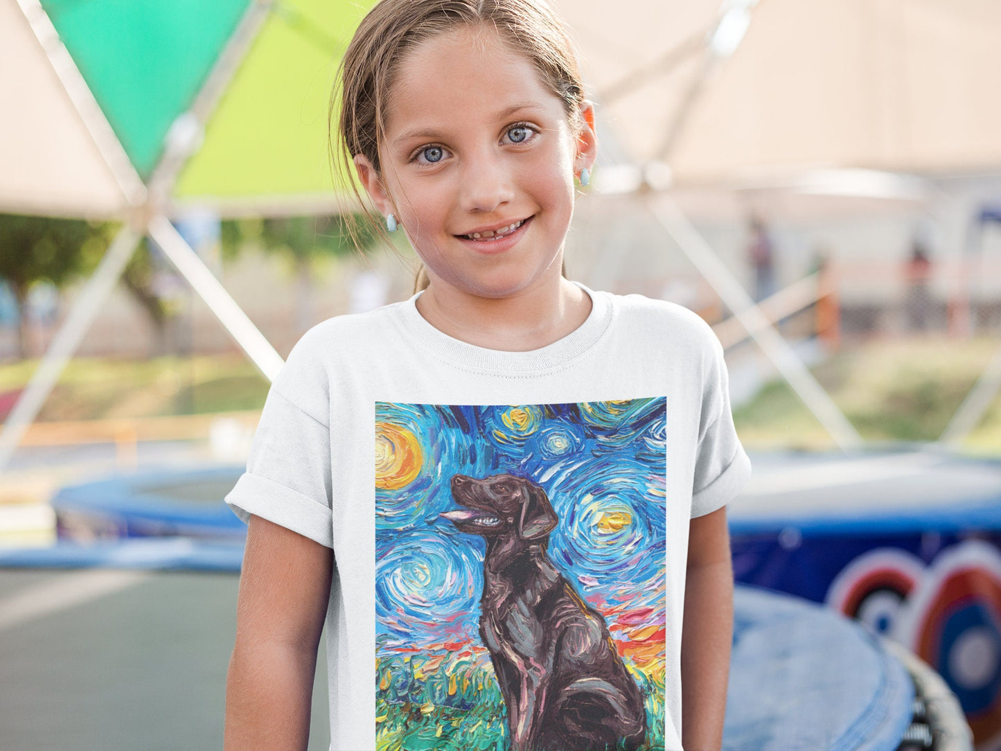 Kids Short Sleeve Shirt Chocolate Labrador Youth Tee Starry Night Childs TShirt Dog Art Clothing Colorful Pet Children's Apparel Brown Lab