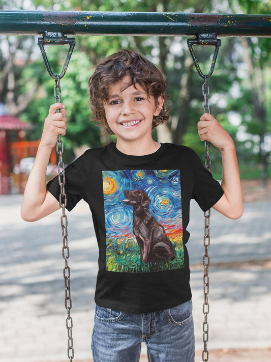 Kids Short Sleeve Shirt Chocolate Labrador Youth Tee Starry Night Childs TShirt Dog Art Clothing Colorful Pet Children's Apparel Brown Lab