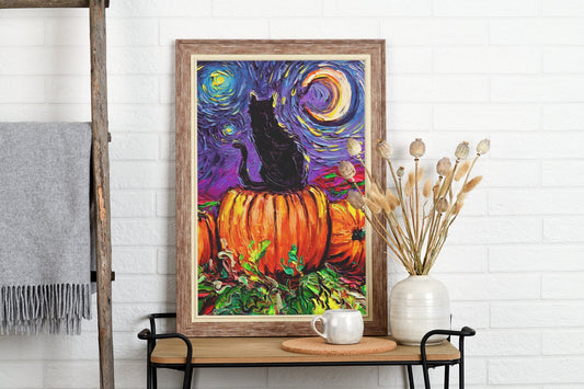 8x10 Black Cat Pumpkin Patch Starry Night Art Print Seasonal Autumn Wall Artwork Cat Lover Gift Halloween Decoration Pet Mom Fall Home Decor