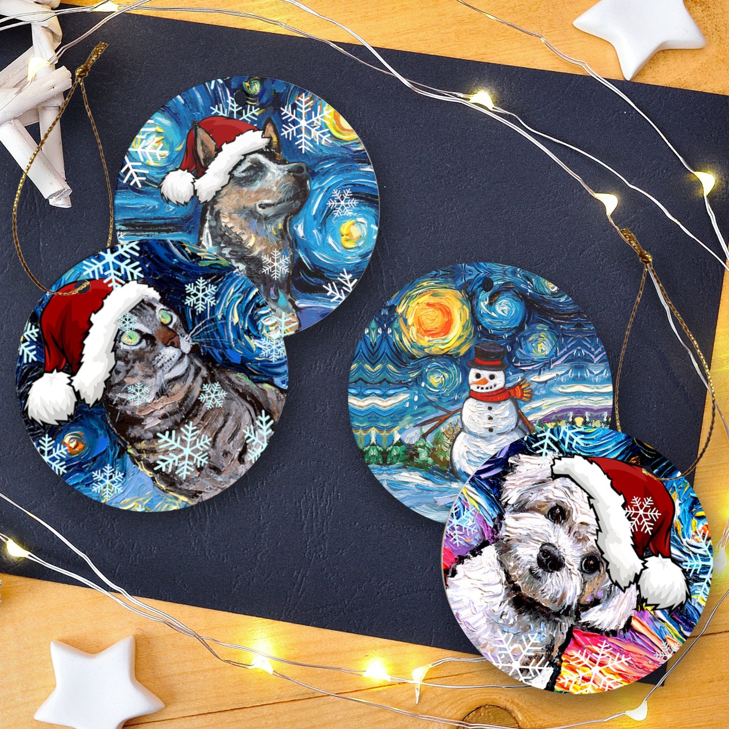 Starry Night Art Tortoiseshell Cat Ceramic Christmas Ornament Unique Holiday Decoration Artistic Cat Tree Adornment Elegant Festive Decor