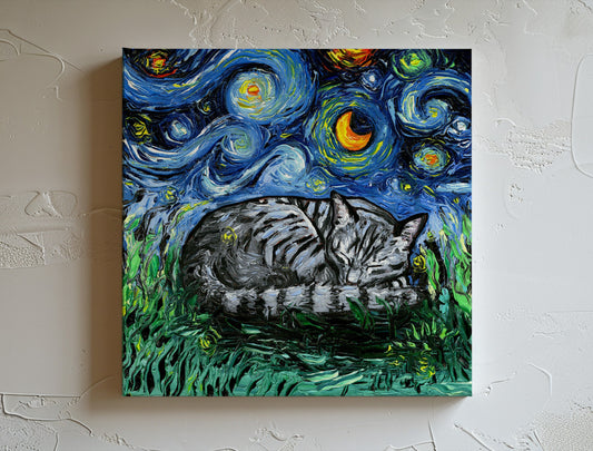 Tabby Cat Canvas Print Starry Night Gray Tabby Cat Lover Gift Starry Cat Print Gallery Wall Art Impressionist Cat Mom Home Decor Artwork
