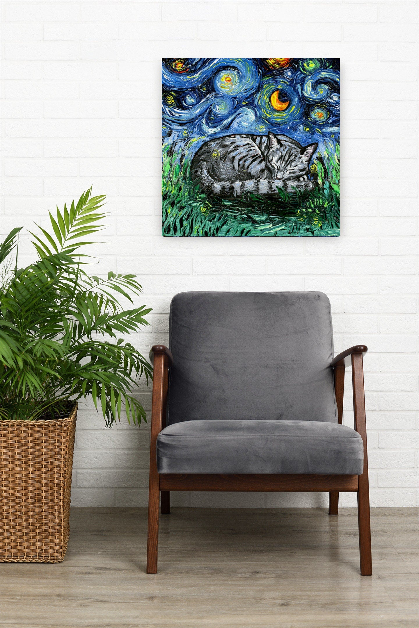 Tabby Cat Canvas Print Starry Night Gray Tabby Cat Lover Gift Starry Cat Print Gallery Wall Art Impressionist Cat Mom Home Decor Artwork