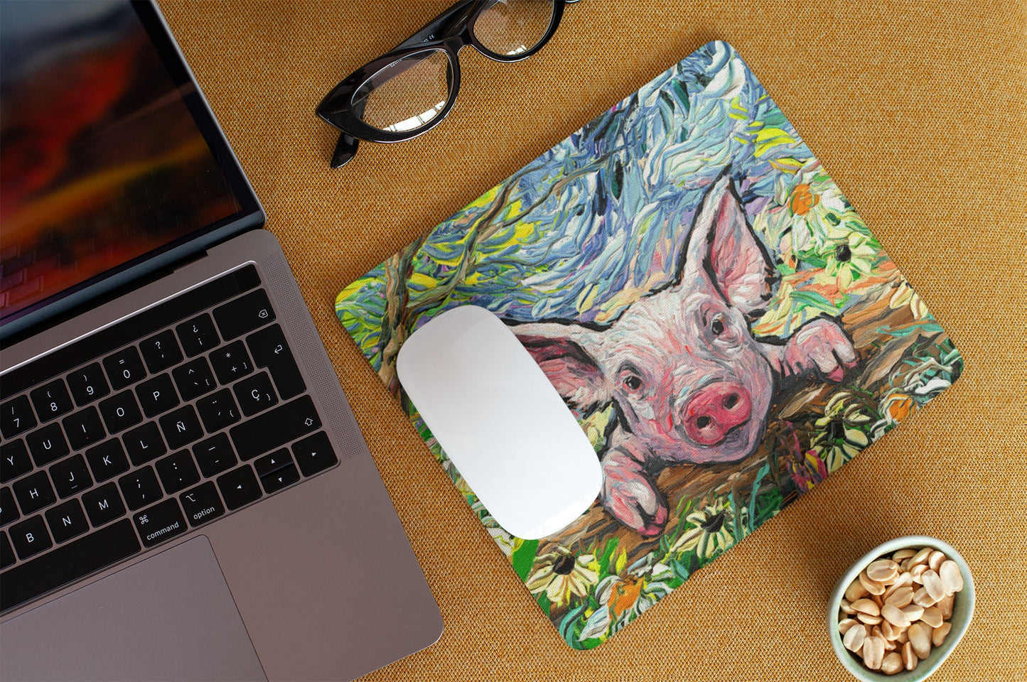 Cute Pig Mousepad Office Decor Farm Animal Lover Gift Idea Piglet and Flowers Desk Mat Work From Home Decor Barnyard Mouse Pad New Job Art
