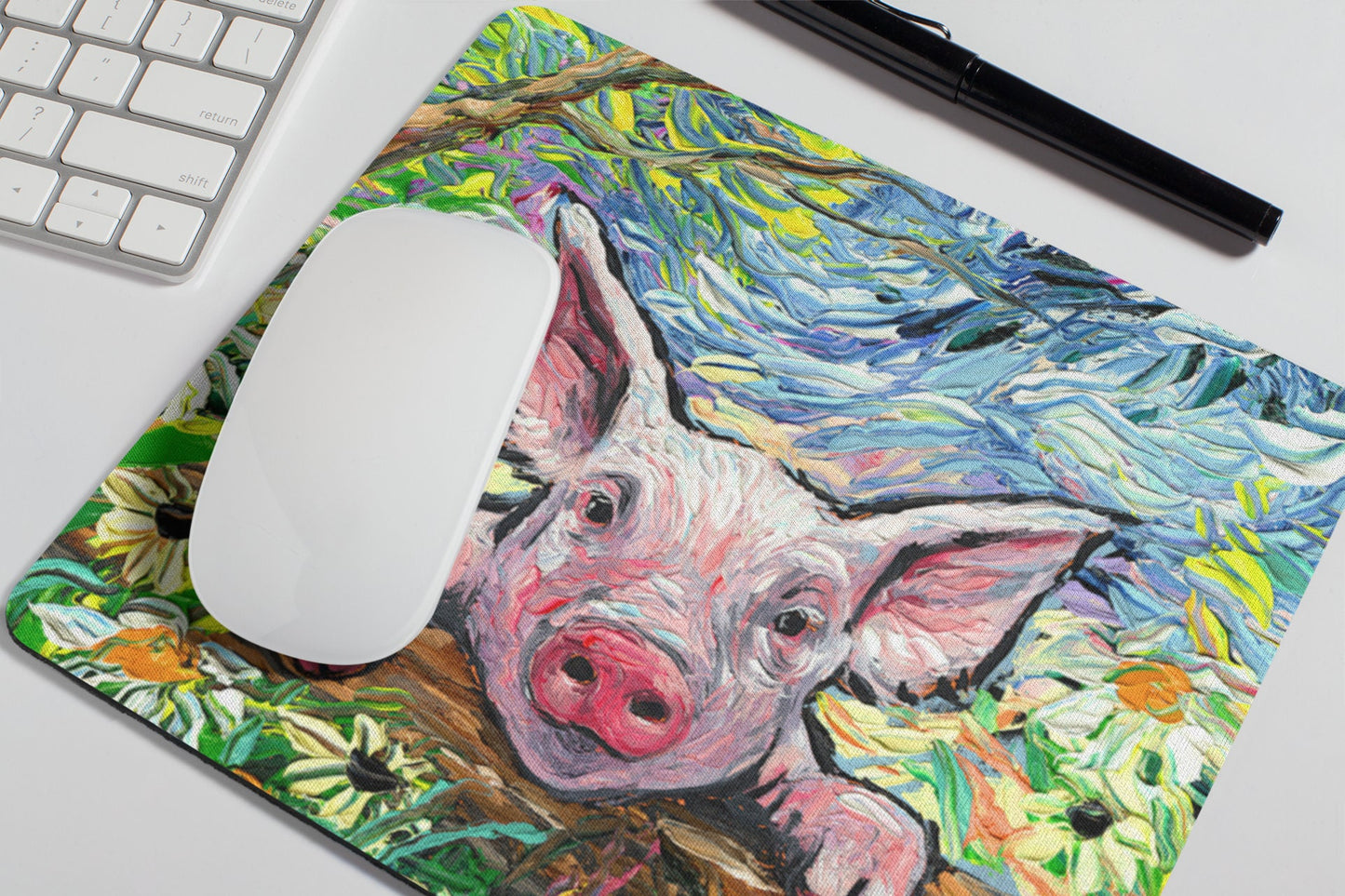 Cute Pig Mousepad Office Decor Farm Animal Lover Gift Idea Piglet and Flowers Desk Mat Work From Home Decor Barnyard Mouse Pad New Job Art