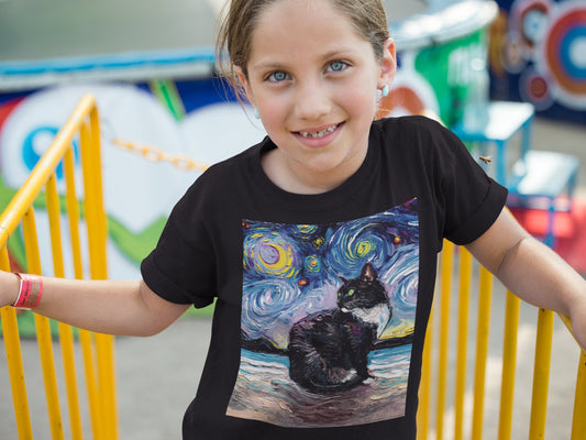 Kids Short Sleeve Shirt Tuxedo Cat with Green Eyes Youth Tee Starry Night Childs TShirt Cat Art Clothing Colorful Pet Children's Apparel