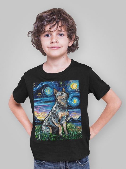 Childs Short Sleeve Shirt Blue Heeler Youth Tee Starry Night Kids TShirt Australian Cattle Dog Art Clothing Colorful Pet Children's Apparel