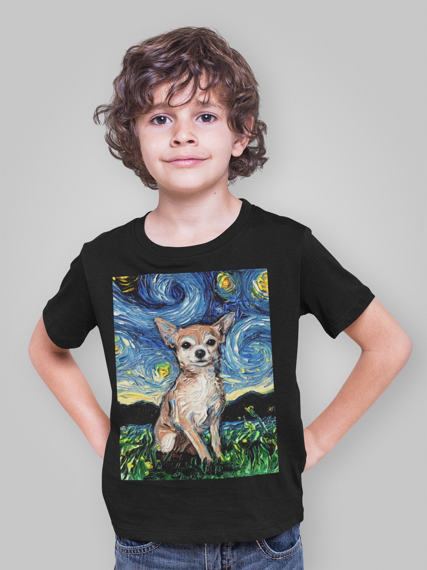 Kids Short Sleeve Shirt Chihuahua Youth Tee Starry Night Childs TShirt Dog Art Clothing Colorful Pet Children's Apparel Dog Lover Gift