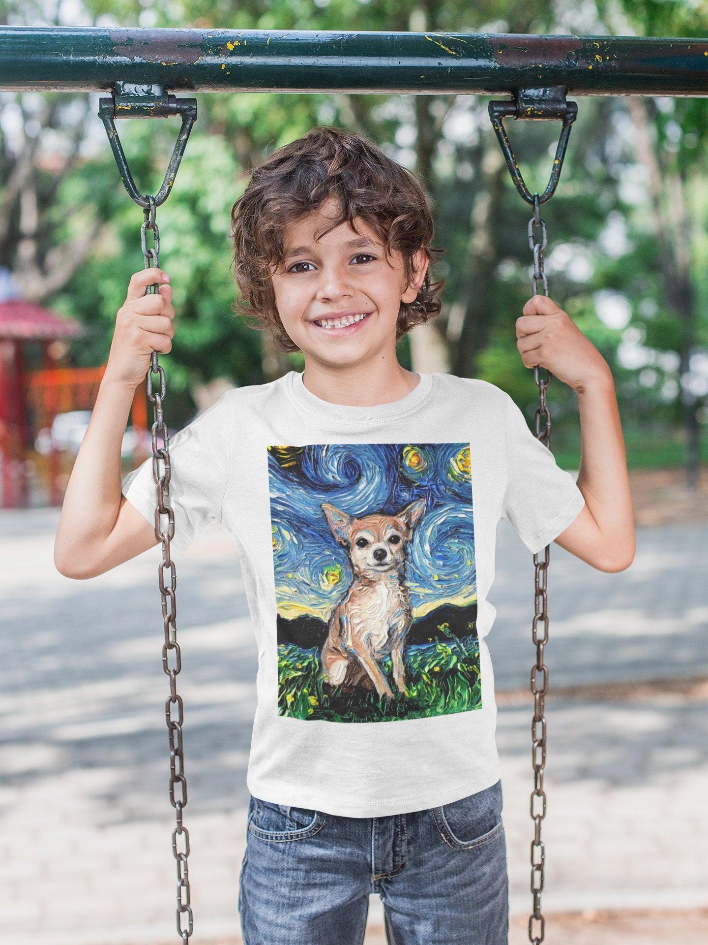 Kids Short Sleeve Shirt Chihuahua Youth Tee Starry Night Childs TShirt Dog Art Clothing Colorful Pet Children's Apparel Dog Lover Gift
