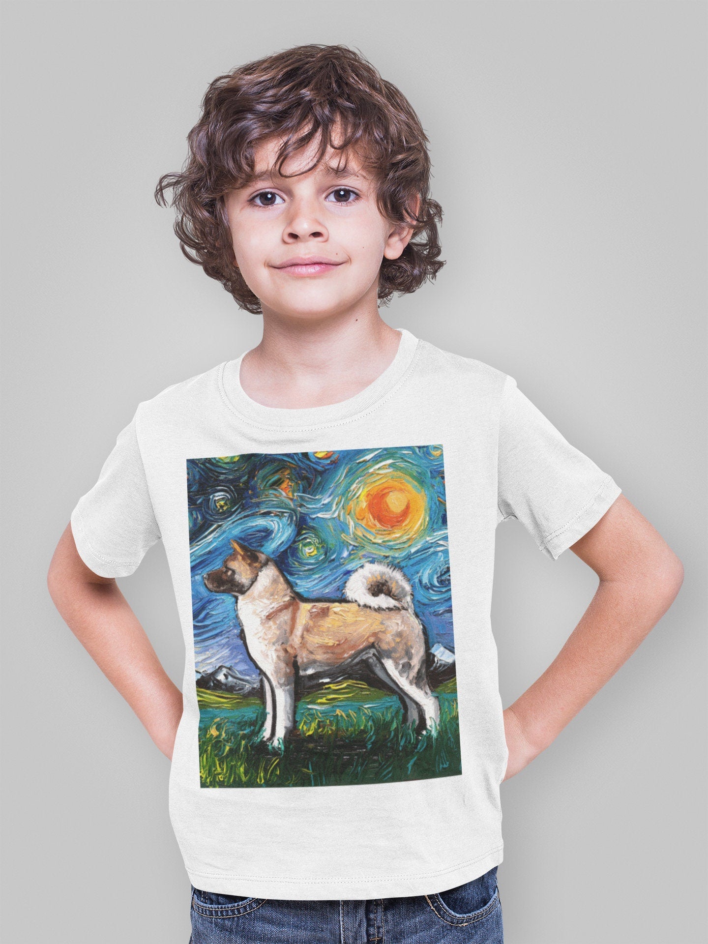 Children's Short Sleeve Shirt Akita Inu Childs TShirt Starry Night Youth Tee Dog Art Clothing Colorful Pet Kids Apparel Dog Lover Gift