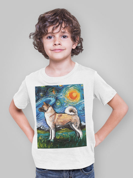 Children's Short Sleeve Shirt Akita Inu Childs TShirt Starry Night Youth Tee Dog Art Clothing Colorful Pet Kids Apparel Dog Lover Gift