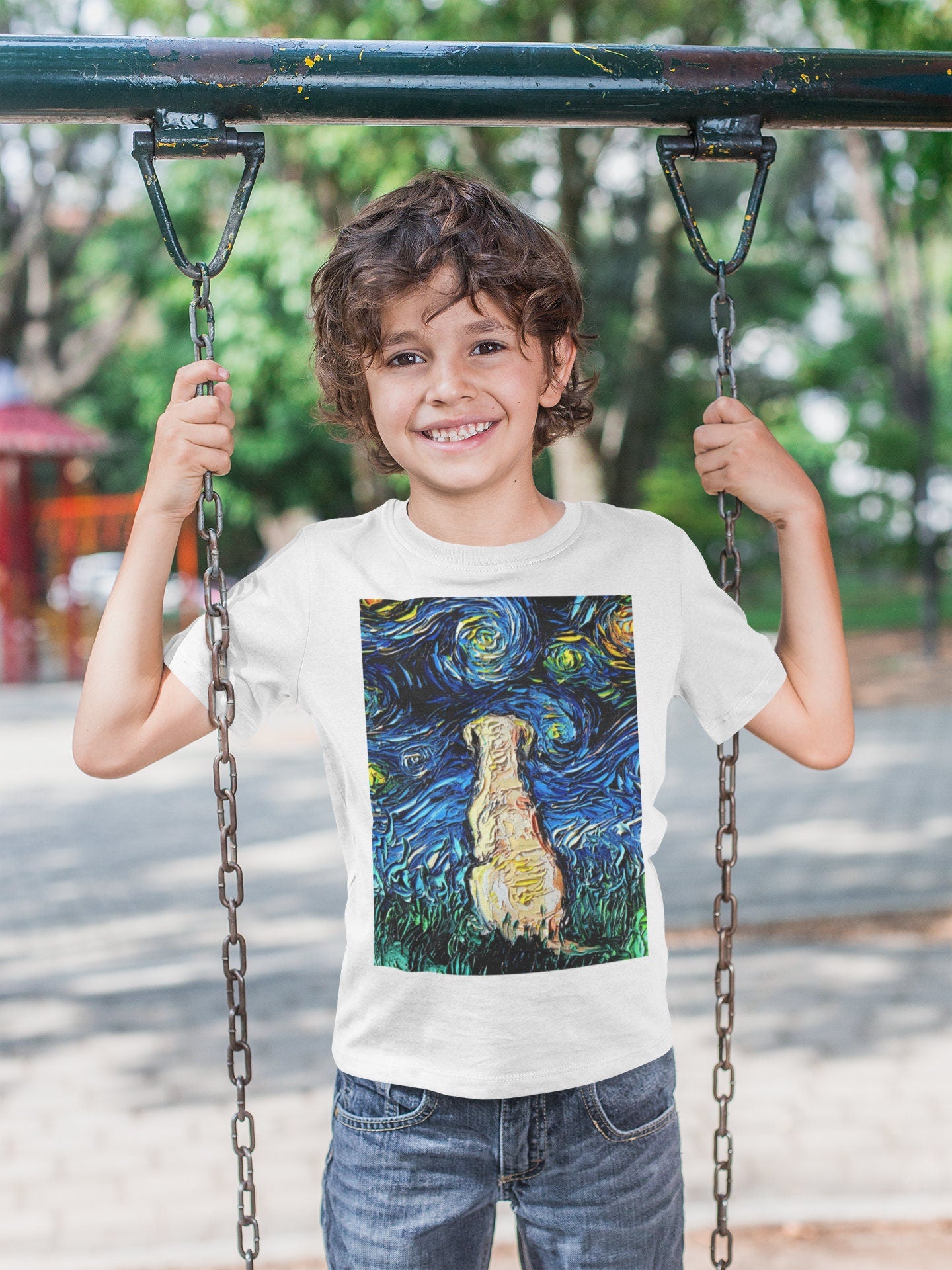 Kids Short Sleeve Shirt Yellow Labrador Youth Tee Starry Night Childs TShirt Dog Art Clothing Colorful Yellow Lab Children's Pet Apparel