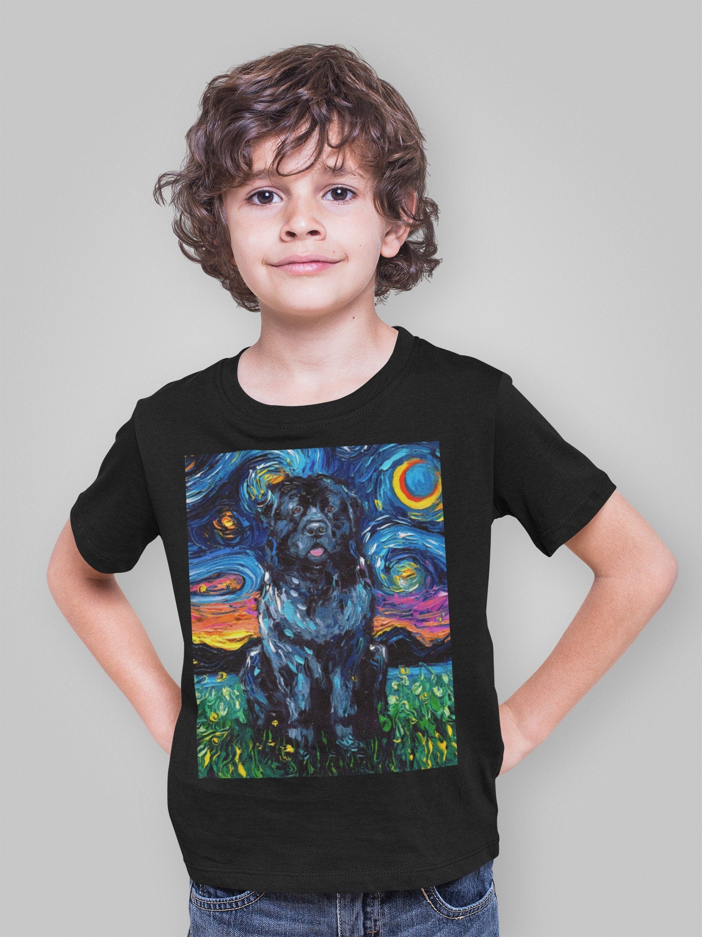 Kids Short Sleeve Shirt Newfoundland Youth Tee Starry Night Childs TShirt Dog Art Clothing Colorful Pet Children's Newfie Dog Apparel Gift