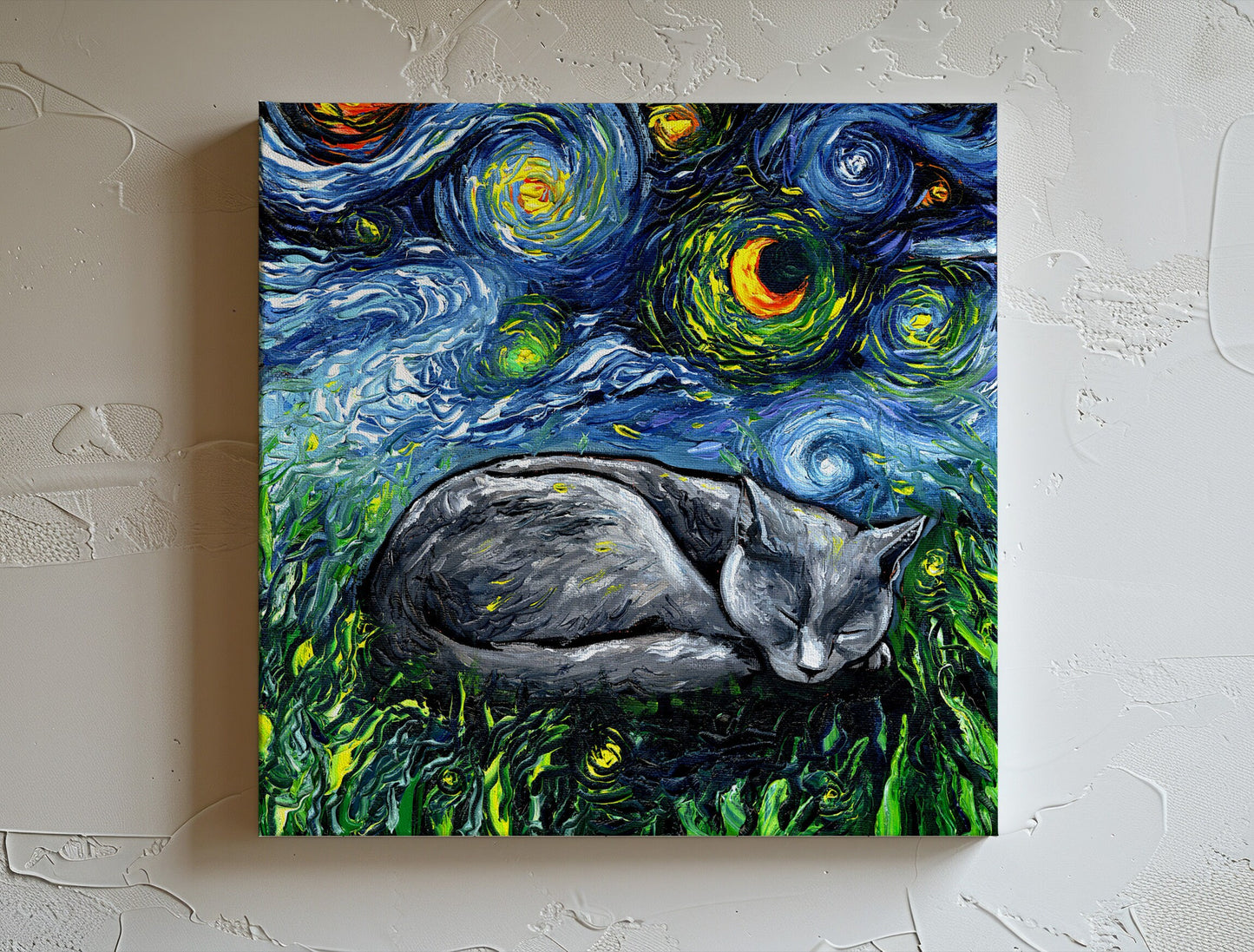 Russian Blue Cat Canvas Print Starry Night Cat Lover Gift Starry Cat Print Gallery Wall Art Impressionist Cat Mom Home Decor Artwork