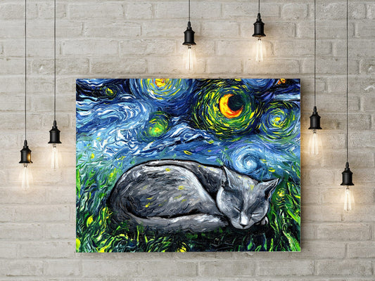Russian Blue Cat Canvas Print Starry Night Cat Lover Gift Starry Cat Print Gallery Wall Art Impressionist Cat Mom Home Decor Artwork