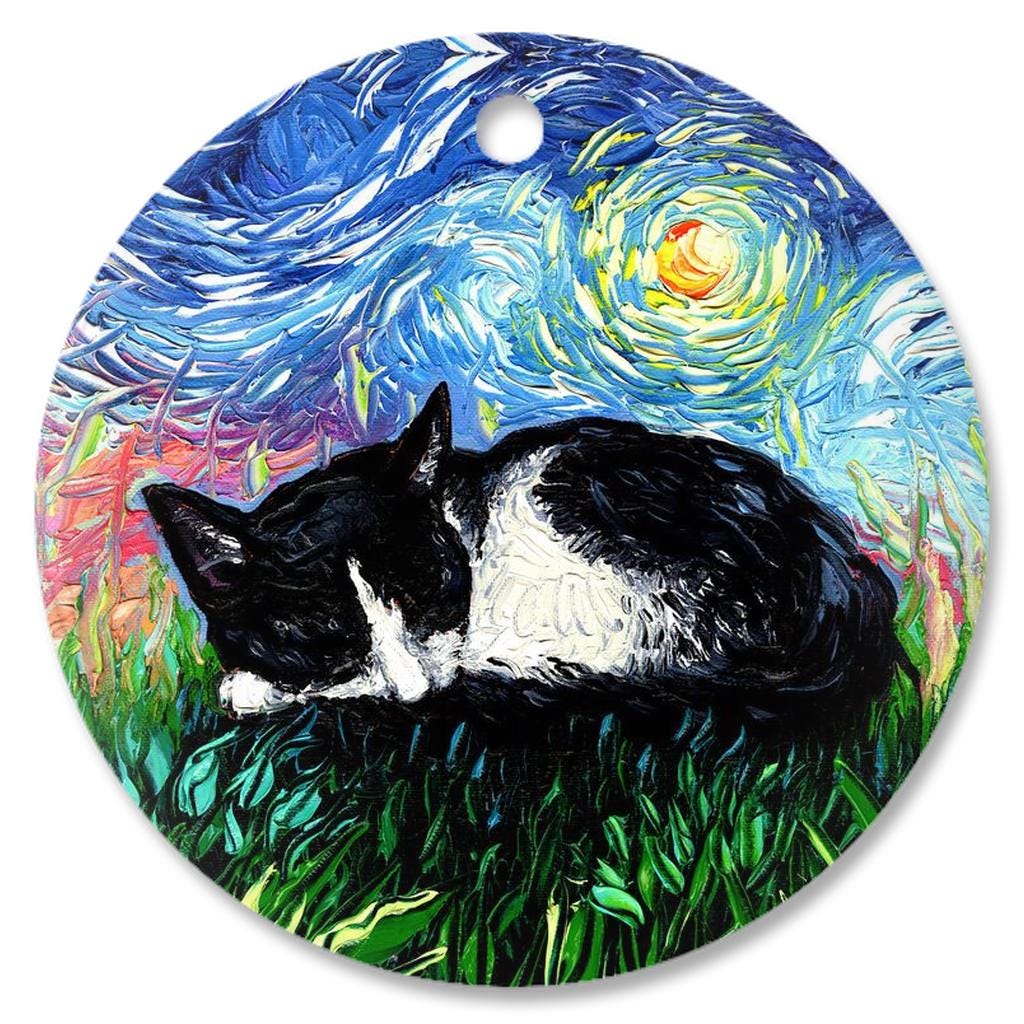 Cat Ornament Sleeping Tuxedo Kitten Christmas Decoration Starry Night Holiday Tree Cat Lover Gift Black and White Cat Heirloom Pet Memorial