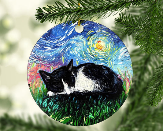 Cat Ornament Sleeping Tuxedo Kitten Christmas Decoration Starry Night Holiday Tree Cat Lover Gift Black and White Cat Heirloom Pet Memorial