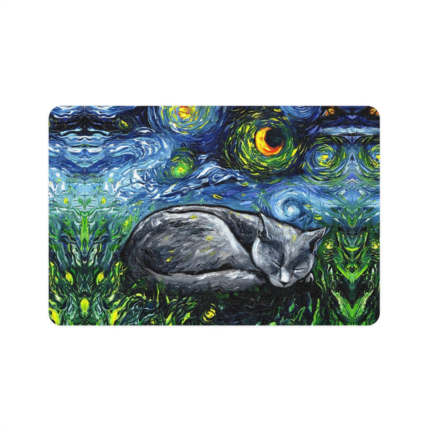 Starry Night Russian Blue Cat Pet Food Mat Unique Cat Feeding Mat Pet Accessory for Cat Lovers Decorative Pet Dish Mat Gift for Pet Owners