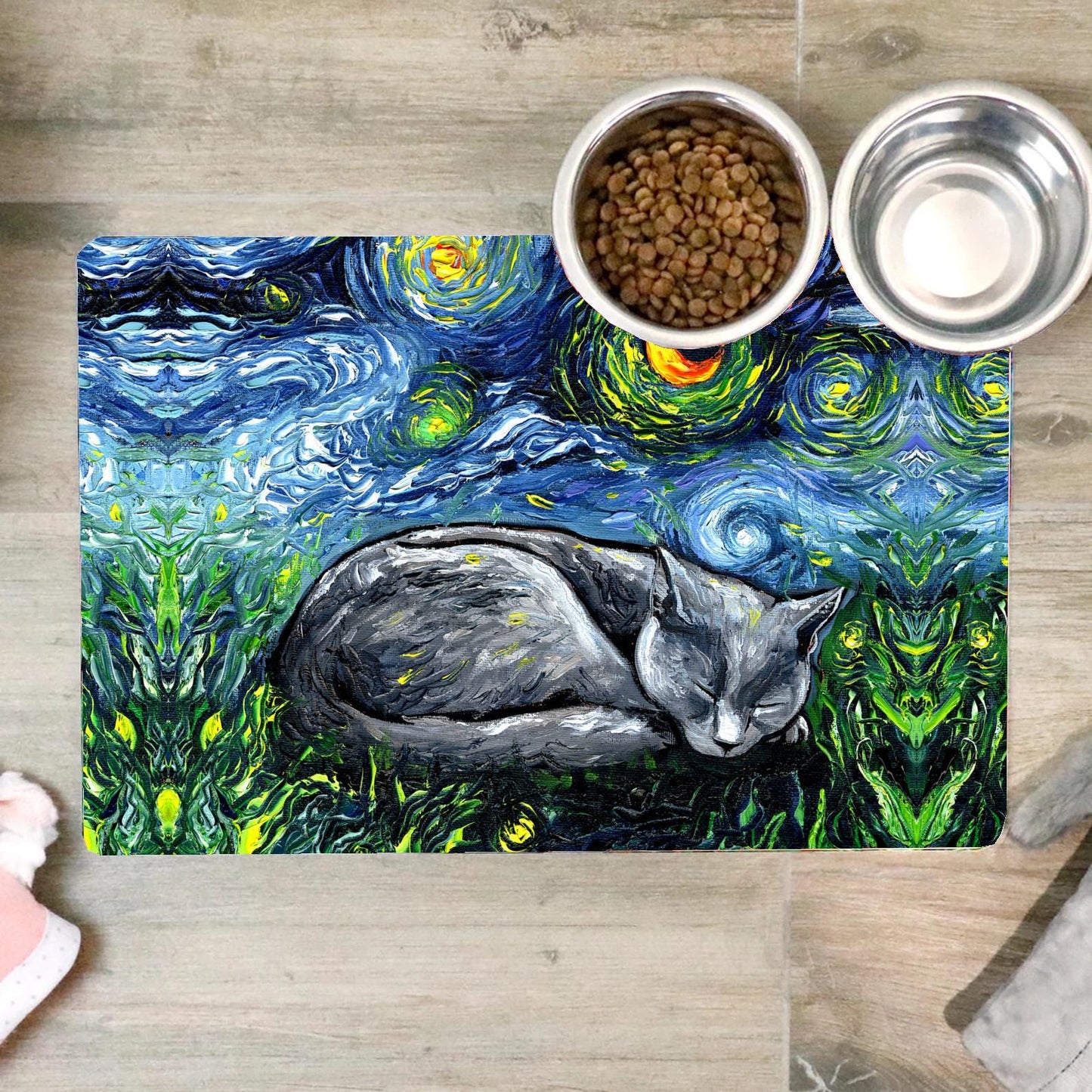 Starry Night Russian Blue Cat Pet Food Mat Unique Cat Feeding Mat Pet Accessory for Cat Lovers Decorative Pet Dish Mat Gift for Pet Owners