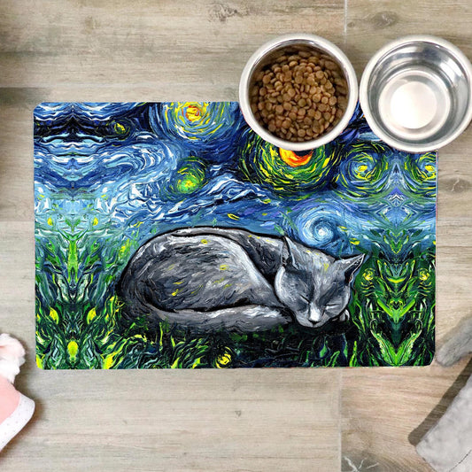Starry Night Russian Blue Cat Pet Food Mat Unique Cat Feeding Mat Pet Accessory for Cat Lovers Decorative Pet Dish Mat Gift for Pet Owners