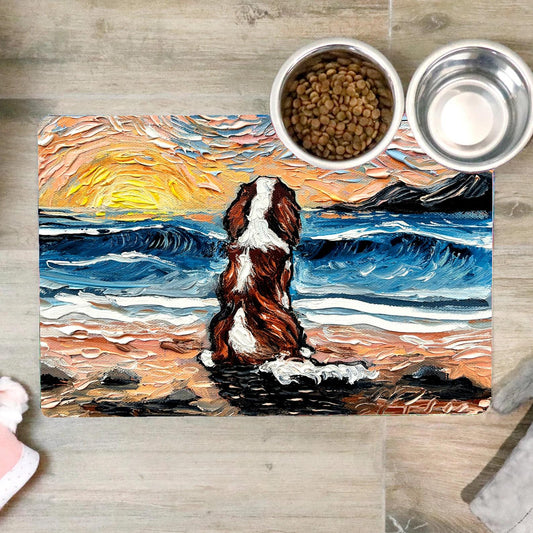 Blenheim Spaniel Dog Pet Food Mat Beach Sunset Cavalier Dog Bowl Mat Shoreline Cottage Pet Placemat Dog Lover Gift Colorful Dog Home Decor