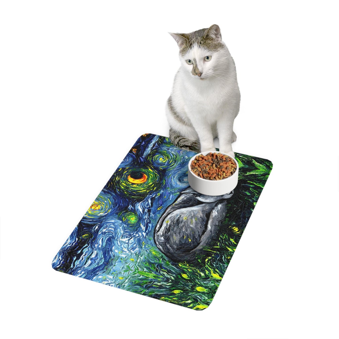 Starry Night Russian Blue Cat Pet Food Mat Unique Cat Feeding Mat Pet Accessory for Cat Lovers Decorative Pet Dish Mat Gift for Pet Owners